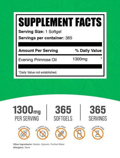 BulkSupplements Evening Primrose Oil 1300mg dietary supplement facts label showing ingredient details