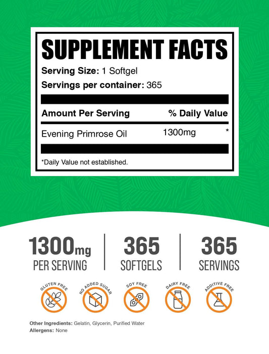 BulkSupplements Evening Primrose Oil 1300mg dietary supplement facts label showing ingredient details