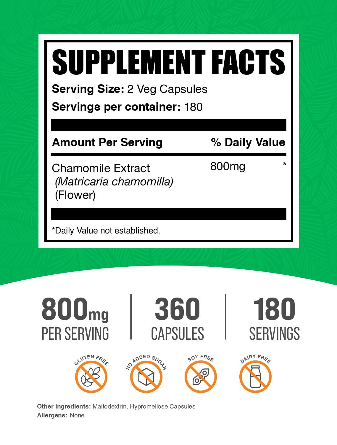 BulkSupplements Chamomile Extract supplement facts panel with 800mg serving size details