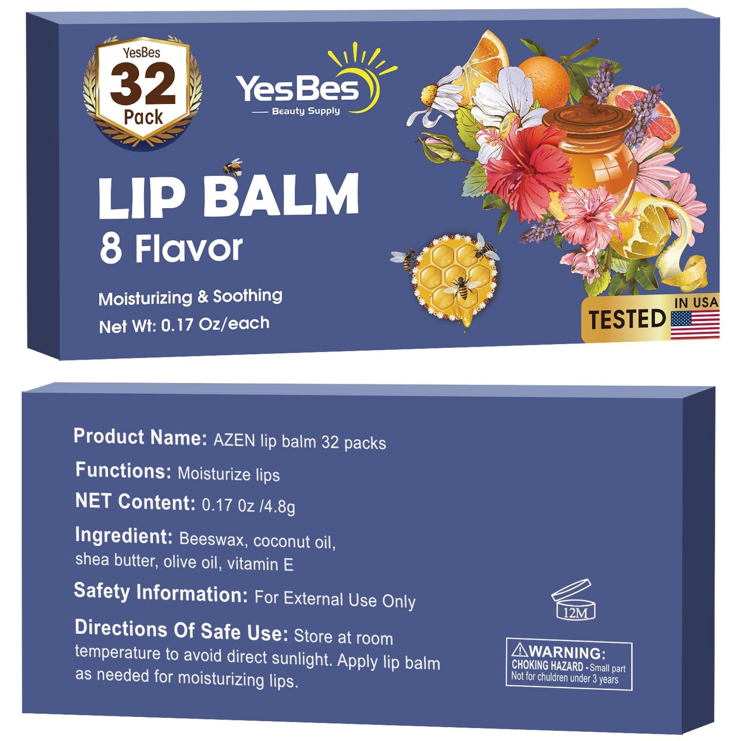 Detailed view of YesBes 32 count lip balm packaging