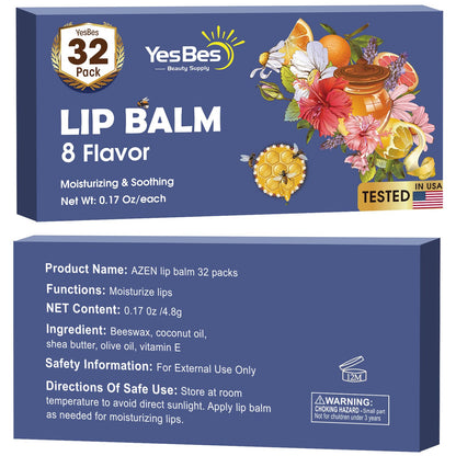 Detailed view of YesBes 32 count lip balm packaging