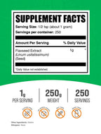 BulkSupplements Flaxseed Extract Powder bag angled display highlighting vegan omega 3 benefits.