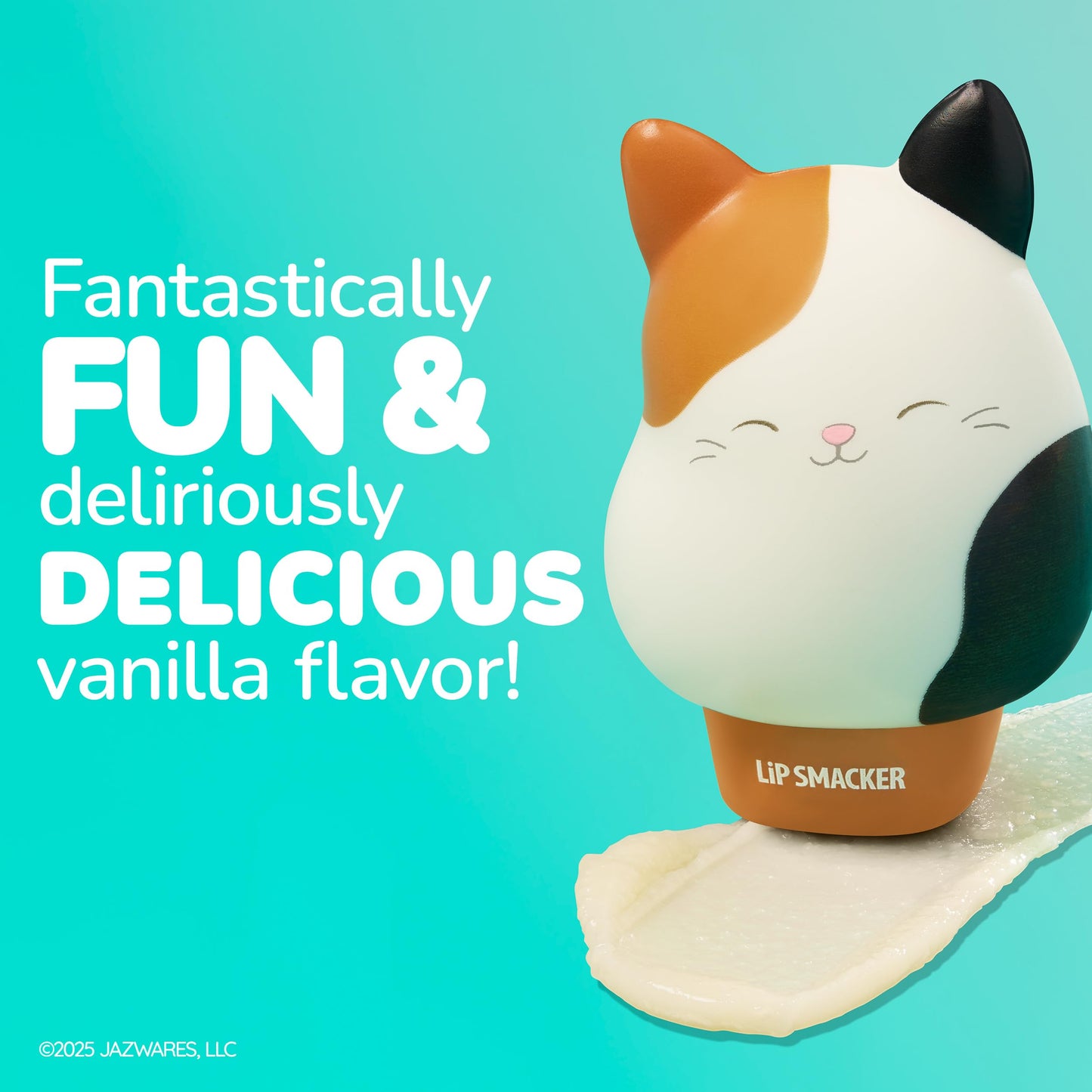 Close up of Squishmallows Cam lip balm squishy character top
