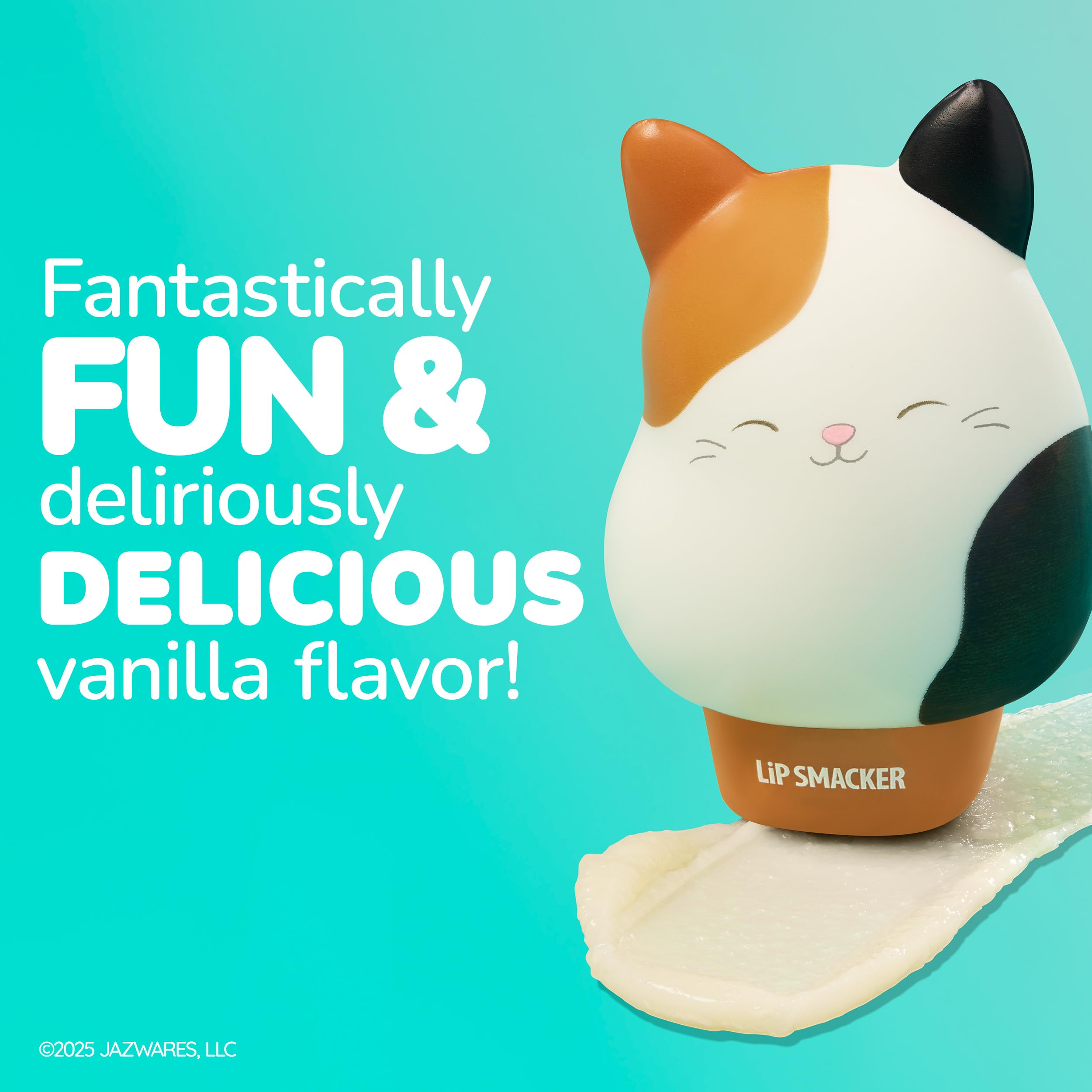 Close up of Squishmallows Cam lip balm squishy character top