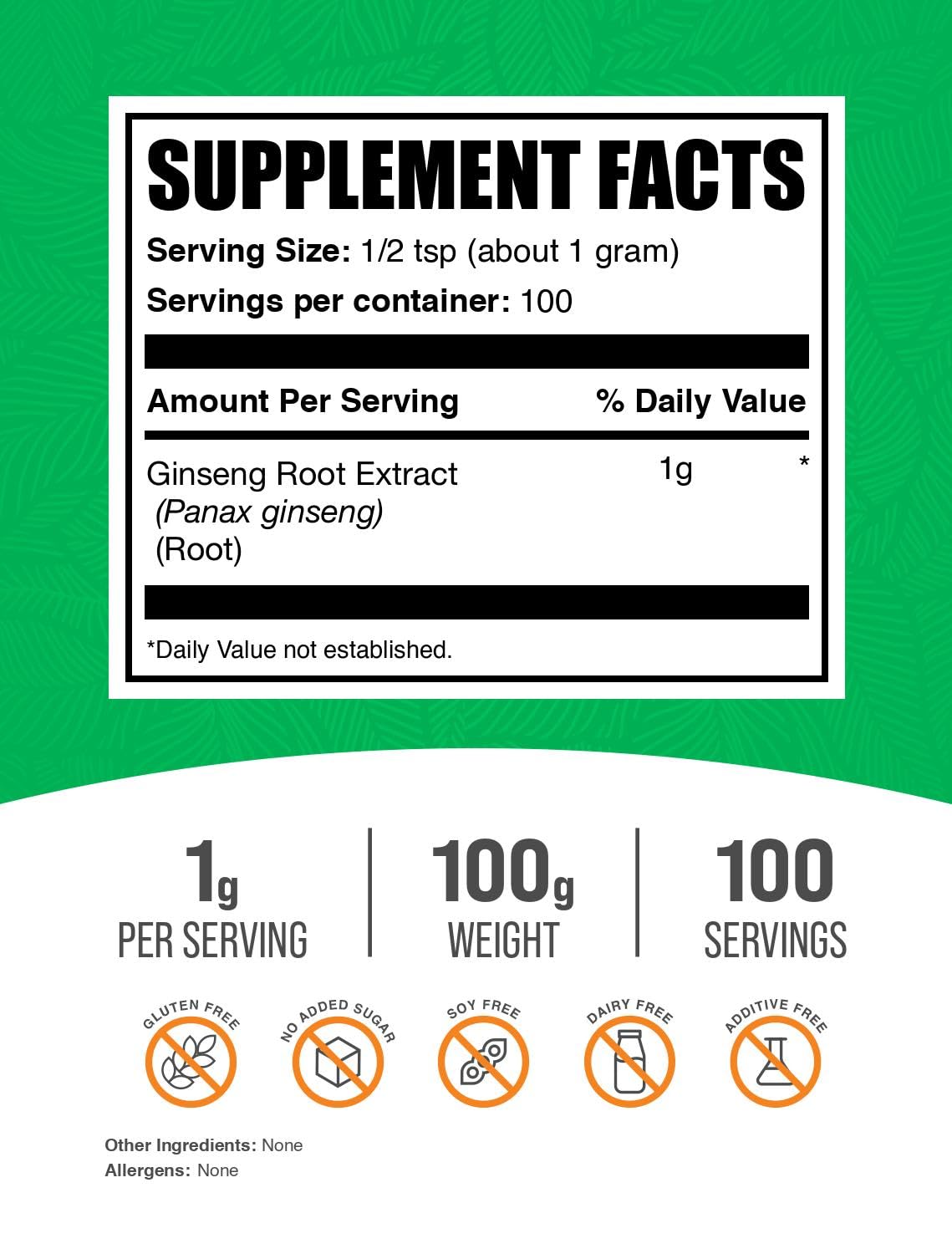 Close up of BulkSupplements Panax Ginseng powder texture and supplement packaging
