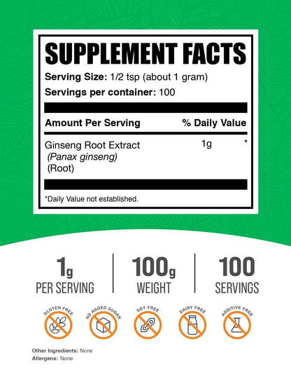 Close up of BulkSupplements Panax Ginseng powder texture and supplement packaging