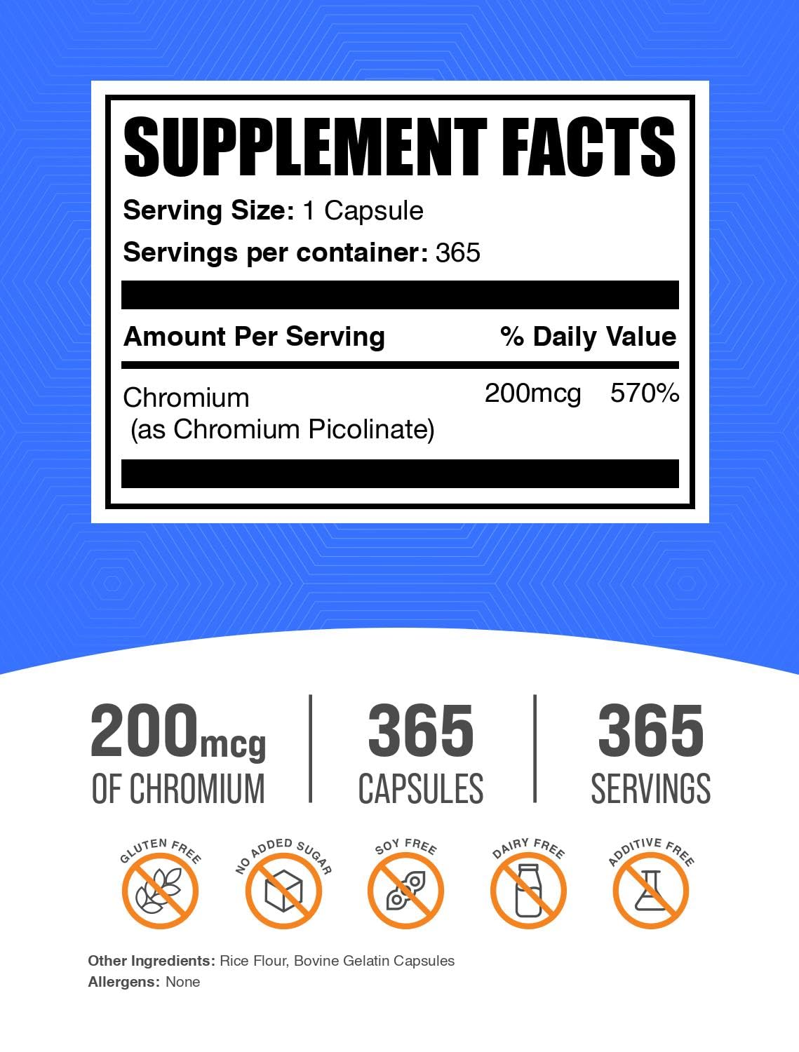 BulkSupplements Chromium Picolinate supplement facts label showcasing two hundred microgram serving size