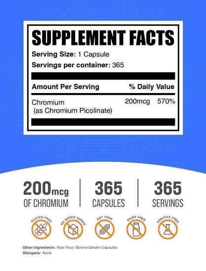 BulkSupplements Chromium Picolinate supplement facts label showcasing two hundred microgram serving size
