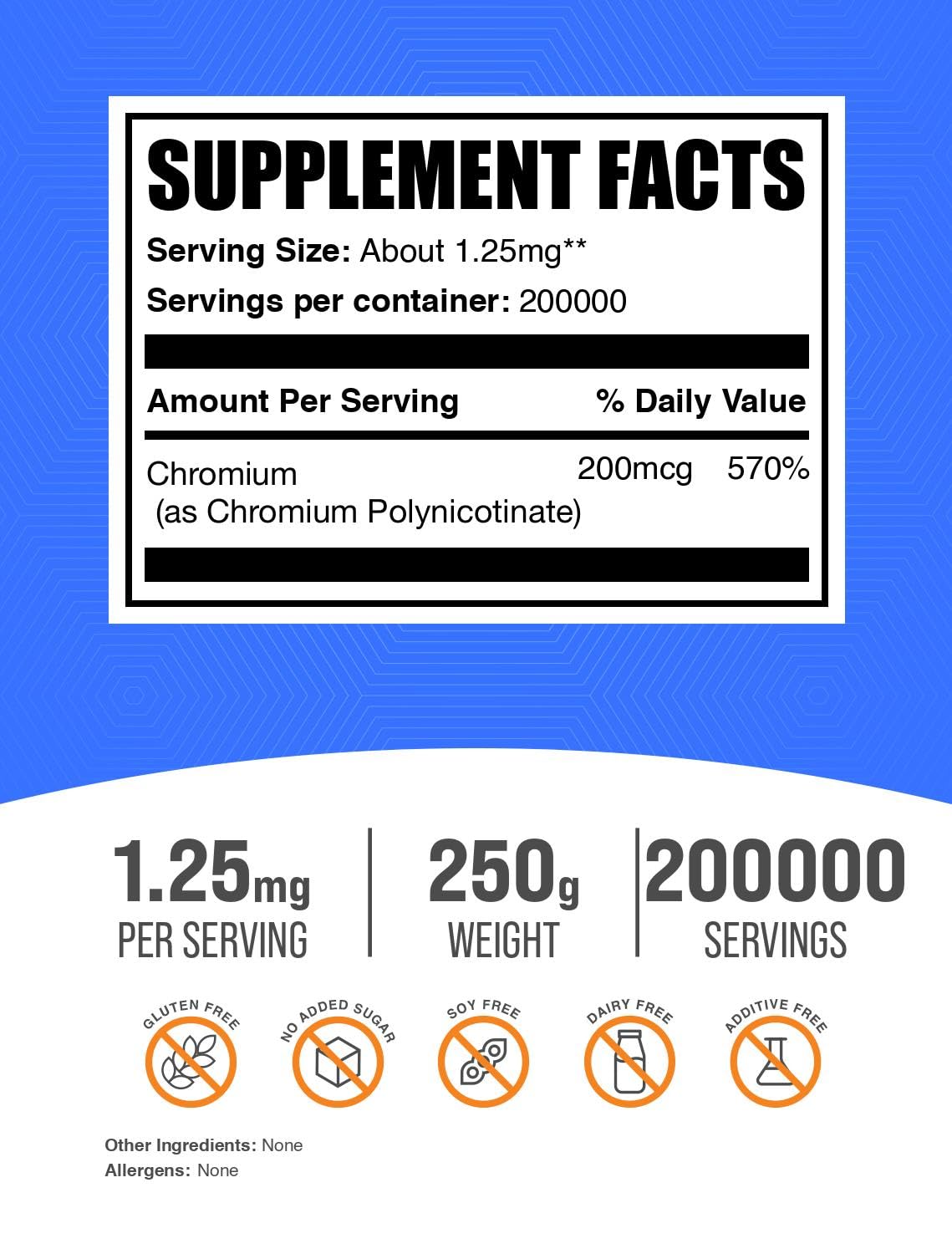 BulkSupplements Chromium Polynicotinate dietary mineral supplement nutrition facts panel showing 200mcg per serving.
