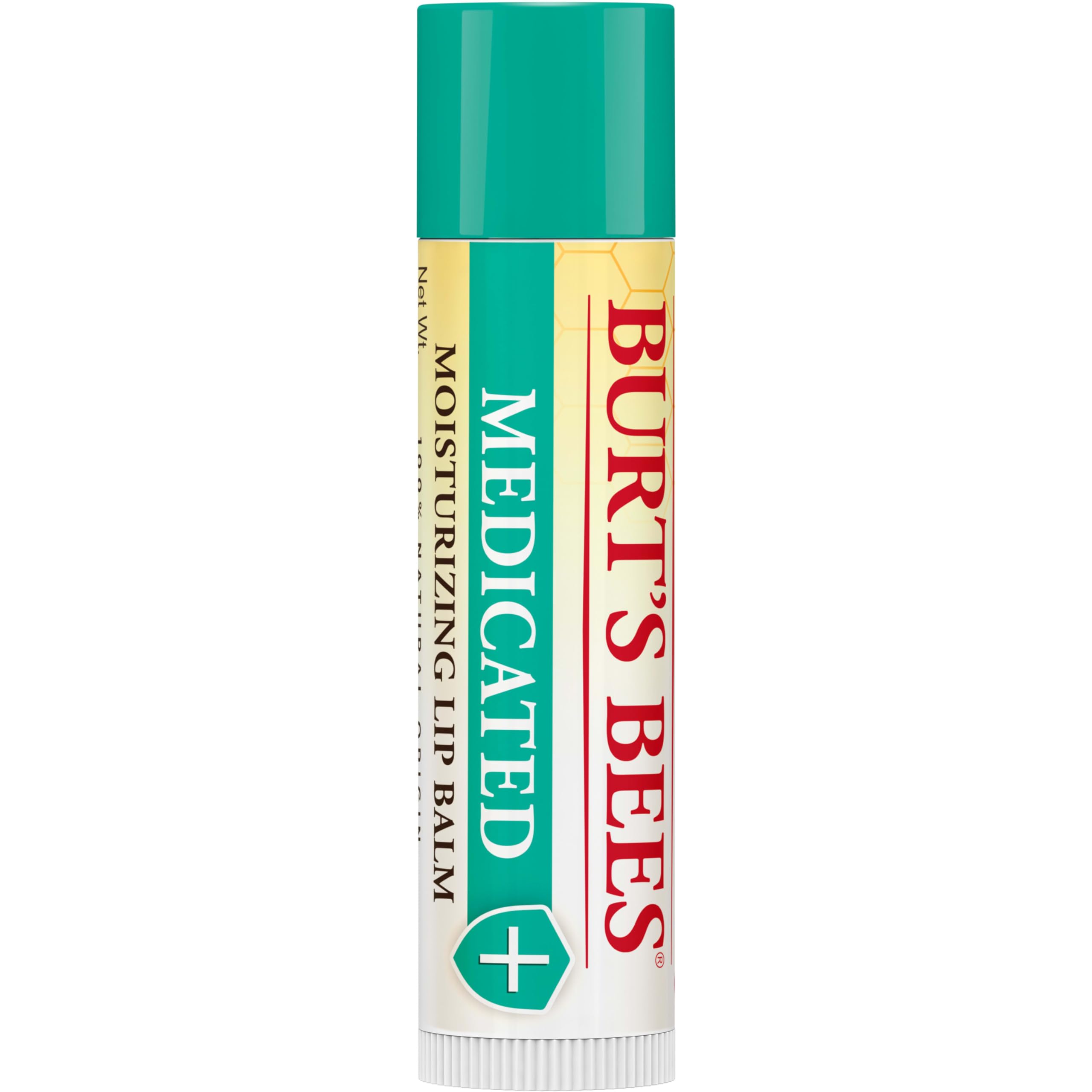 Back label of Burt's Bees medicated lip care pack detailing the clean ingredients and usage instructions.