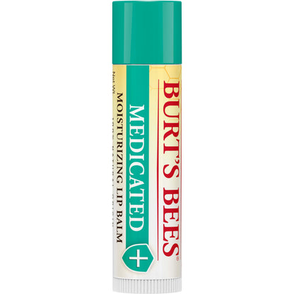 Back label of Burt's Bees medicated lip care pack detailing the clean ingredients and usage instructions.