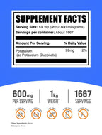 Close up view of BulkSupplements Potassium Gluconate Powder supplement facts and active ingredients label