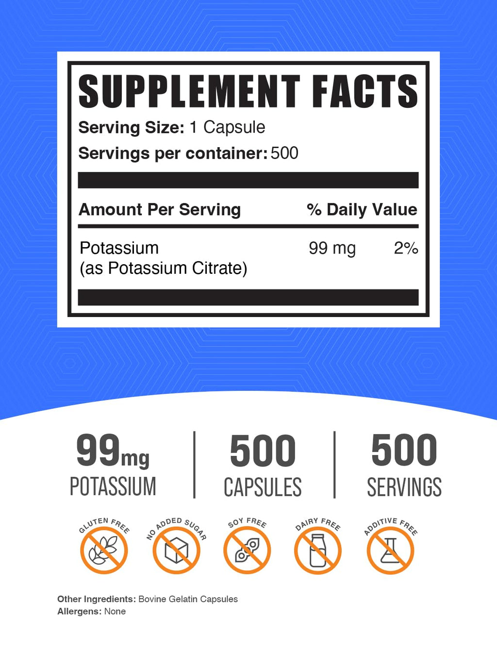 BulkSupplements Potassium Citrate 500 Capsules supplement facts label