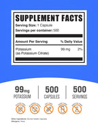 BulkSupplements Potassium Citrate 500 Capsules supplement facts label