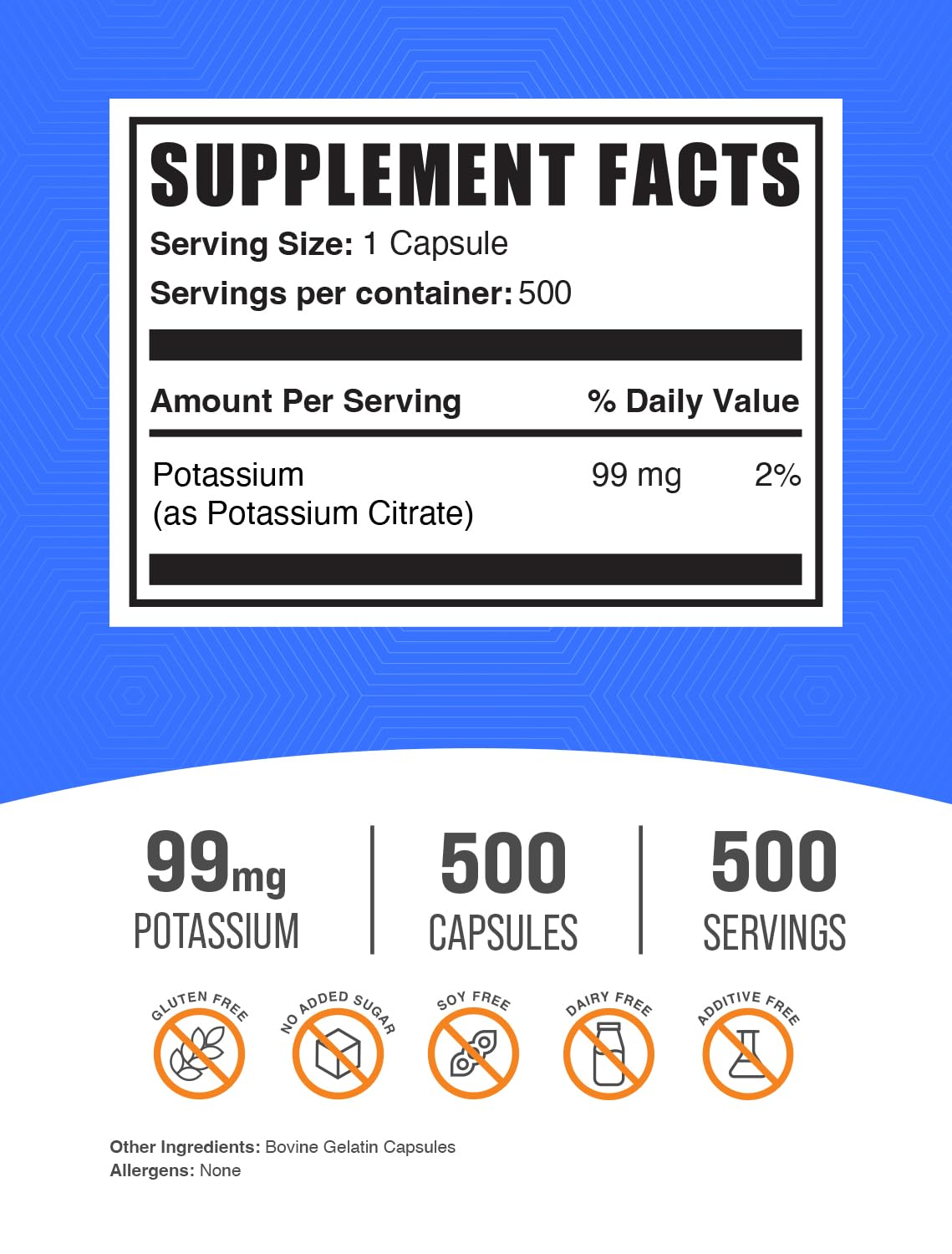 Supplement facts label on the side of BulkSupplements Potassium Citrate bottle detailing ingredients.