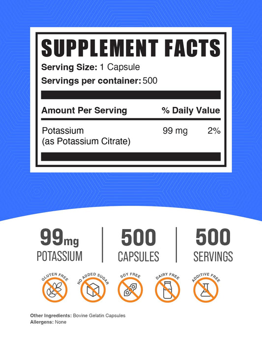 Supplement facts label on the side of BulkSupplements Potassium Citrate bottle detailing ingredients.