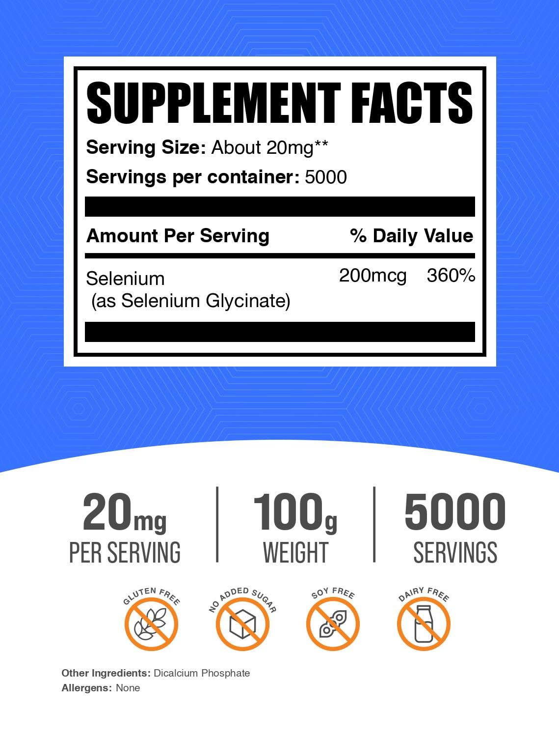 BulkSupplements Selenium Glycinate Powder supplement facts label showing ingredients and serving size breakdown.