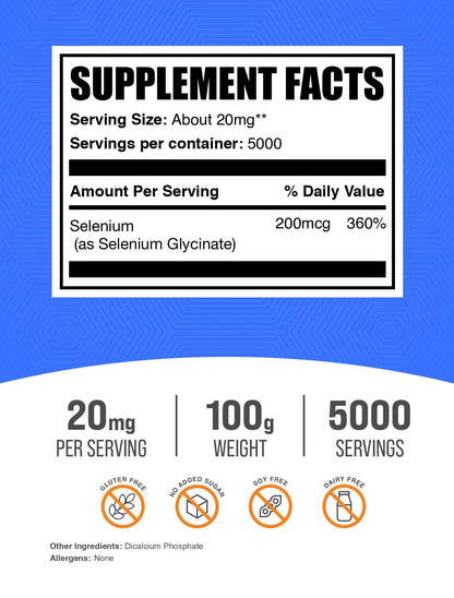 BulkSupplements Selenium Glycinate Powder supplement facts label showing ingredients and serving size breakdown.