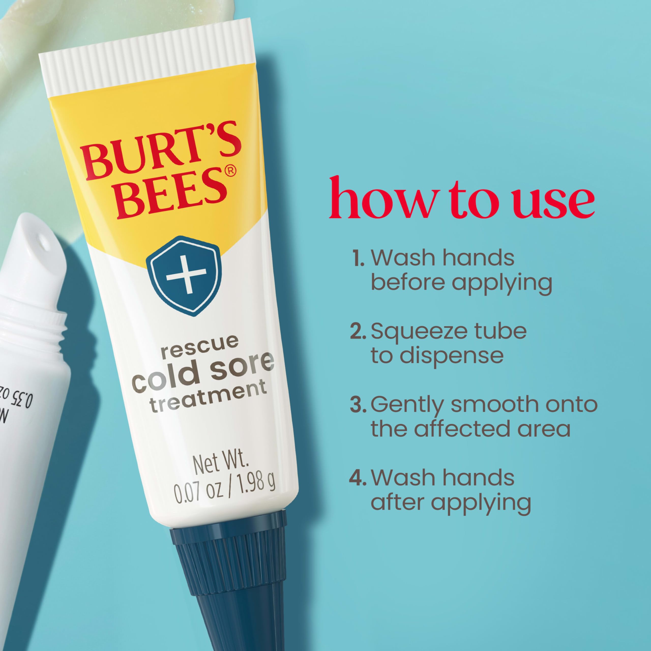 Burt's Bees cold sore ointment packaging detailing rhubarb, sage, and camphor ingredients.