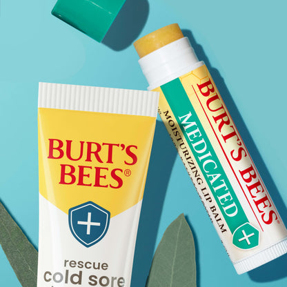 Applying Burt's Bees natural cold sore rescue cream onto dry chapped lips.
