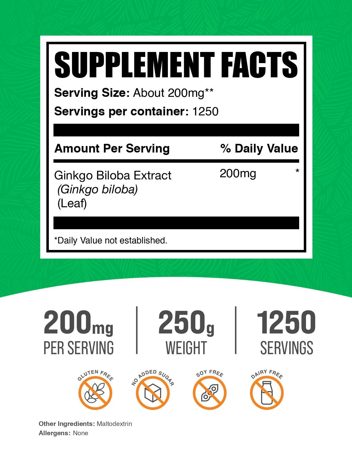 Back view of the unflavored herbal ginkgo biloba supplement bag highlighting serving directions and third party tested seal.