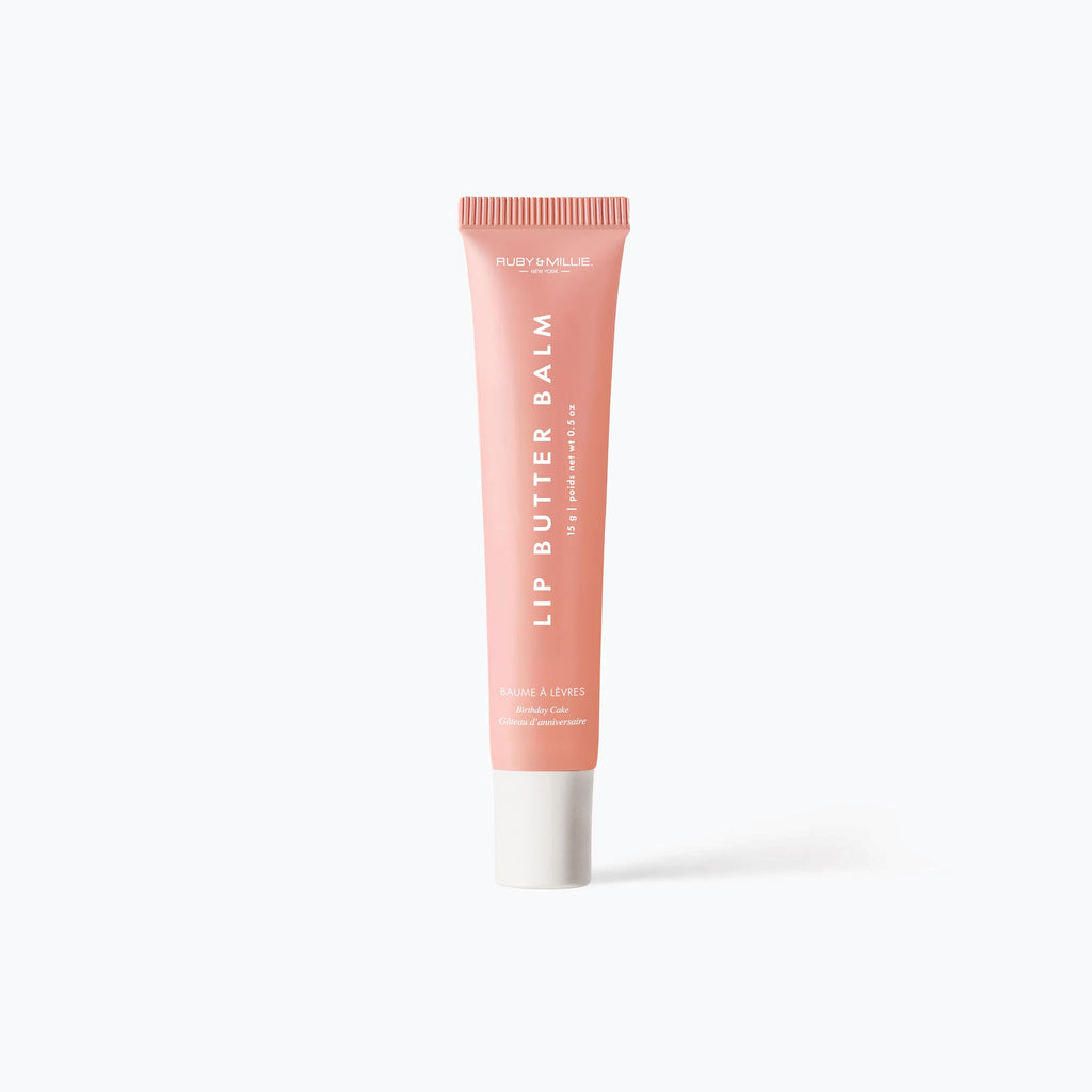 Side profile of Ruby & Millie Tinted Lip Balm Birthday Cake container