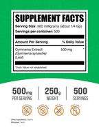 BulkSupplements Gymnema Sylvestre Extract packaging showing supplement facts and 500 milligram serving info