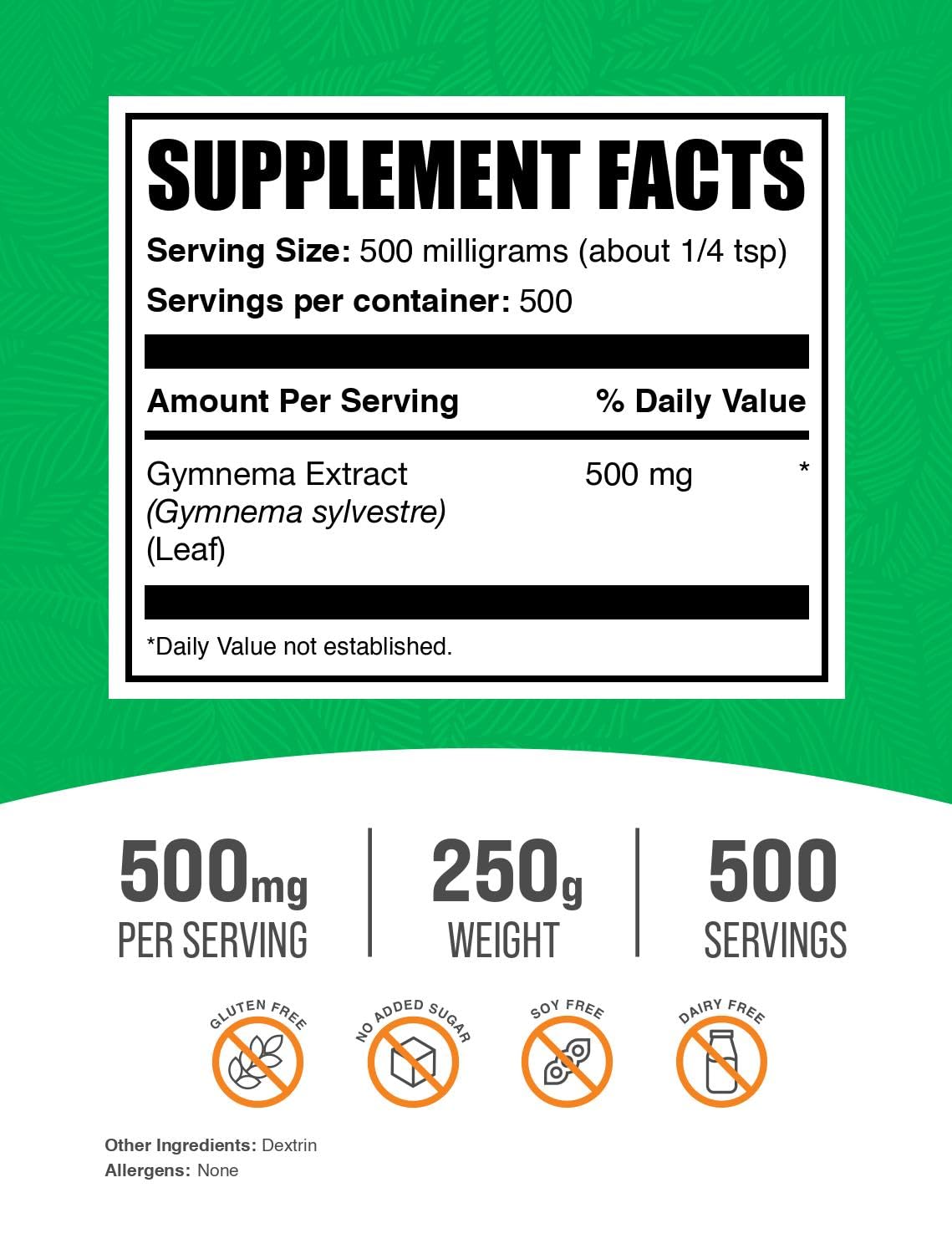 BulkSupplements Gymnema Sylvestre Extract packaging showing supplement facts and 500 milligram serving info