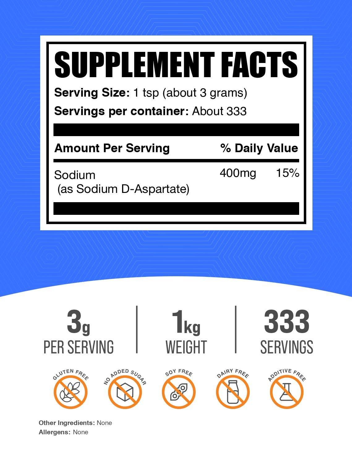 Pure unflavored gluten free sodium aspartate powder nutritional facts and serving size information label.