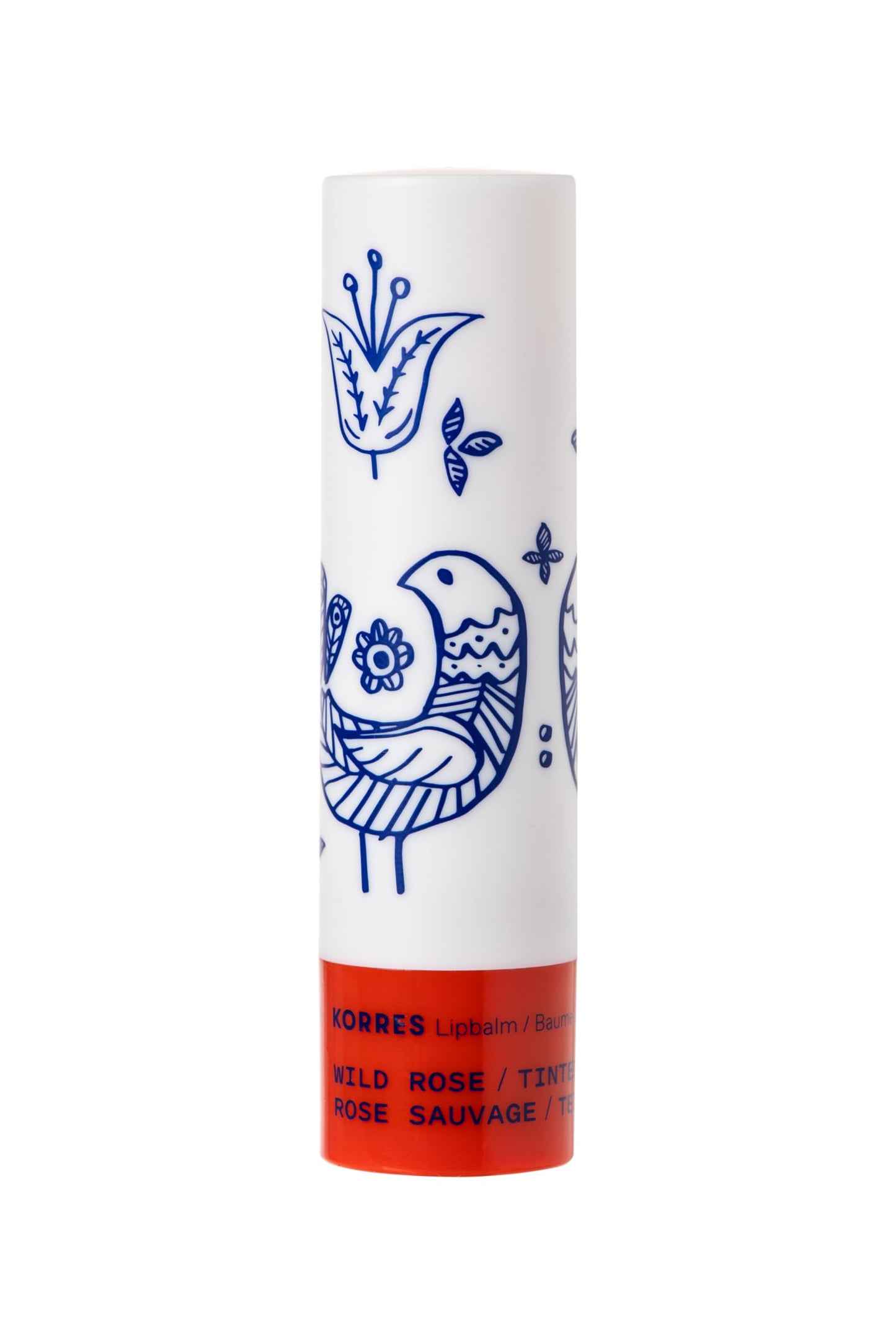 Korres Wild Rose lip balm stick applied for a subtle tinted finish