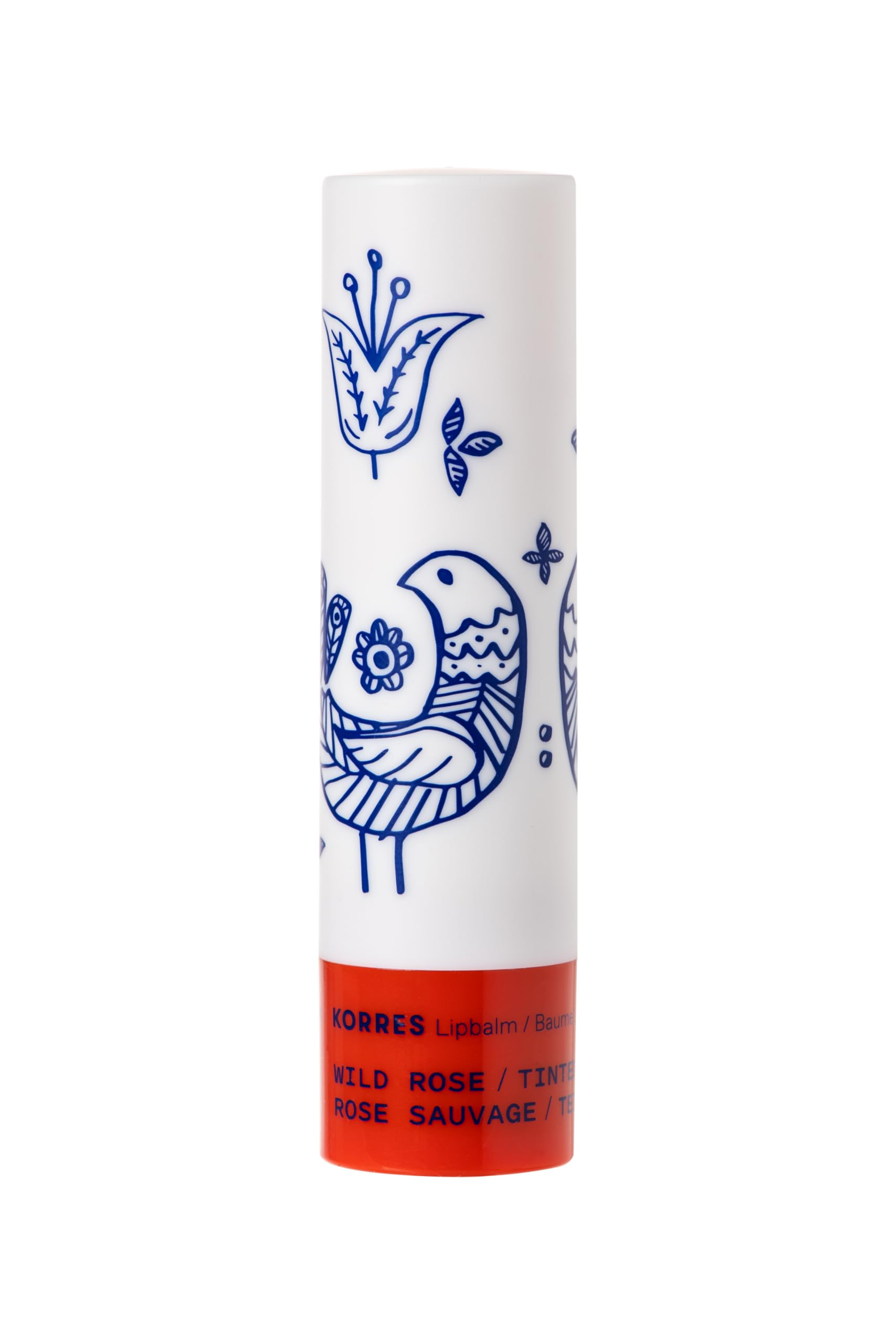 Korres Wild Rose lip balm stick applied for a subtle tinted finish