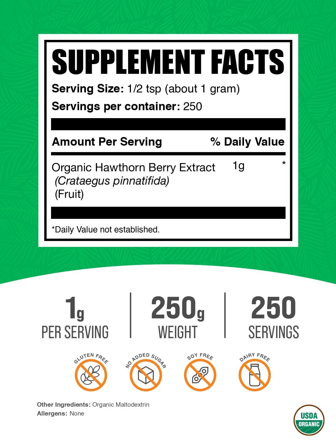 BulkSupplements USDA organic hawthorn berry powder nutritional facts and ingredient label