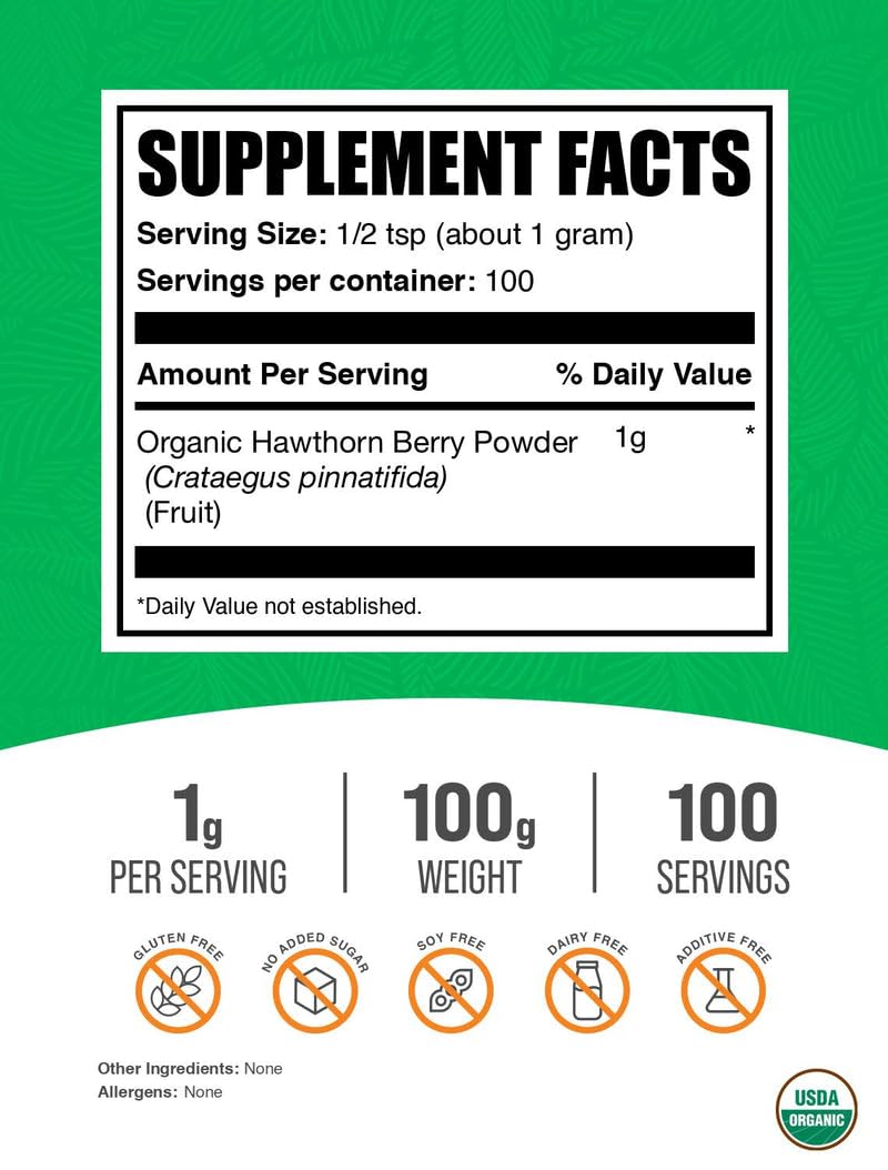 Pure organic hawthorn berry herbal supplement powder bag nutritional information label