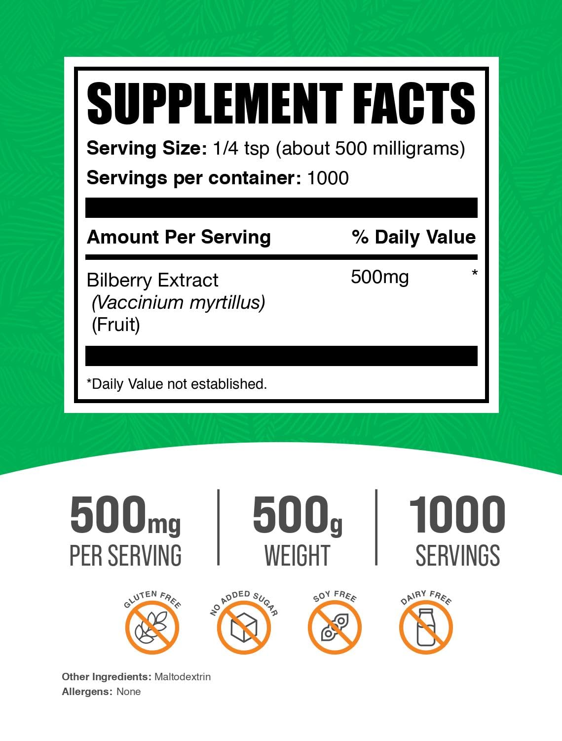 BulkSupplements Bilberry Extract Powder showing nutritional facts and clean vegan ingredients label.