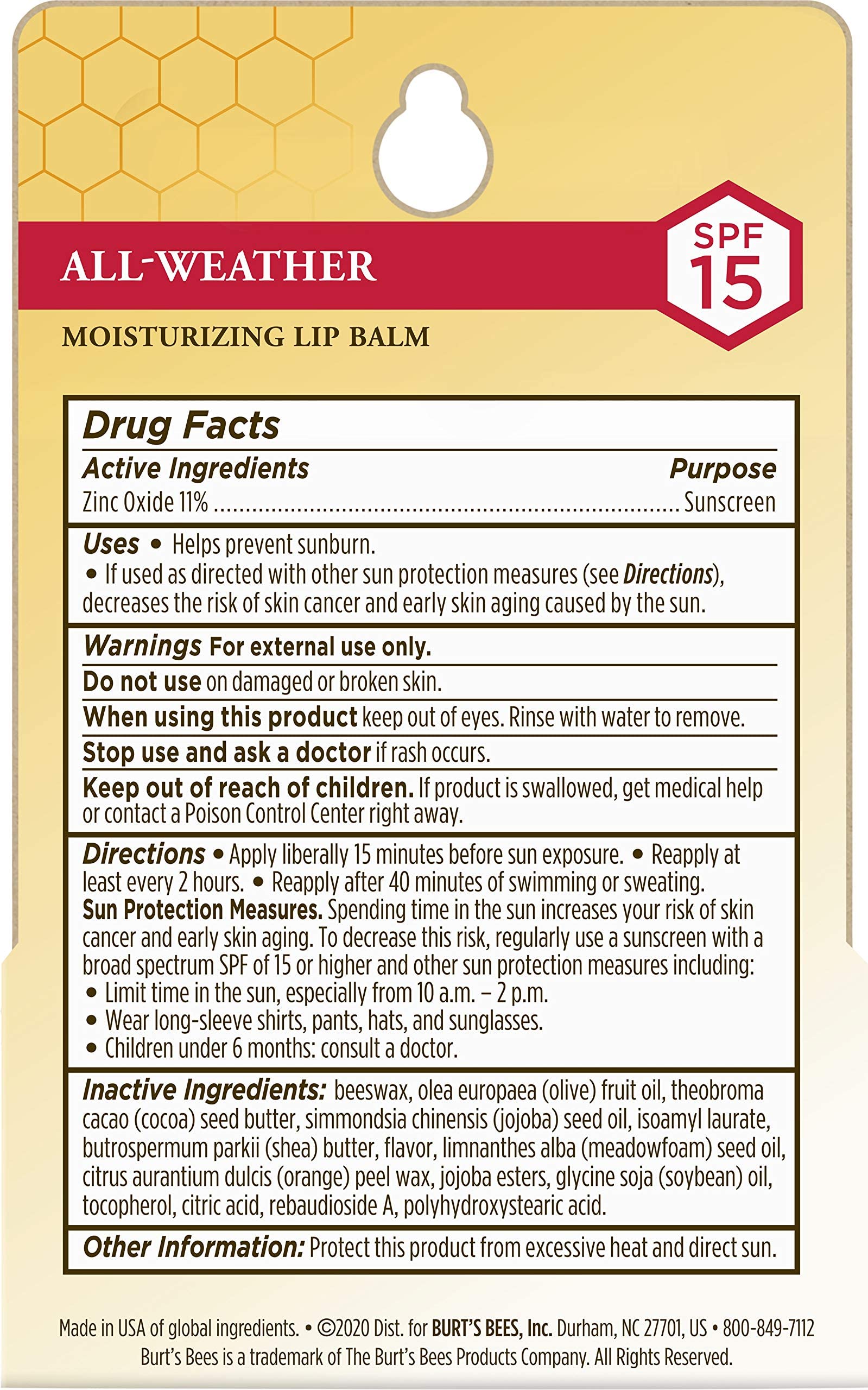 Burt's Bees SPF fifteen lip care double pack back ingredients label