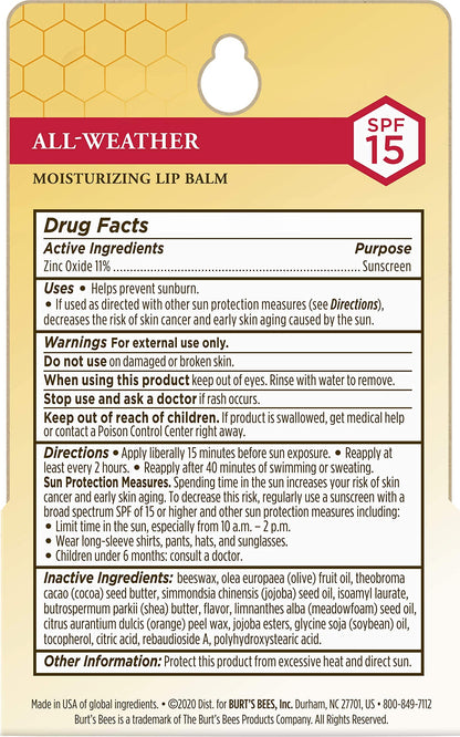 Burt's Bees SPF fifteen lip care double pack back ingredients label