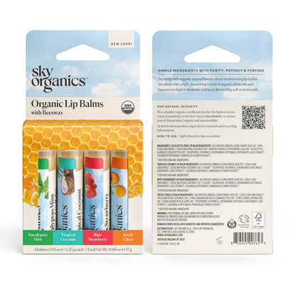 Detailed view of organic lip balm sticks in 4 pack