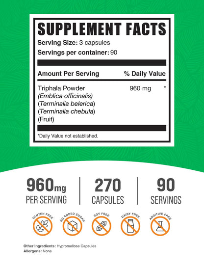 BulkSupplements Triphala dietary supplement facts and ingredients panel label