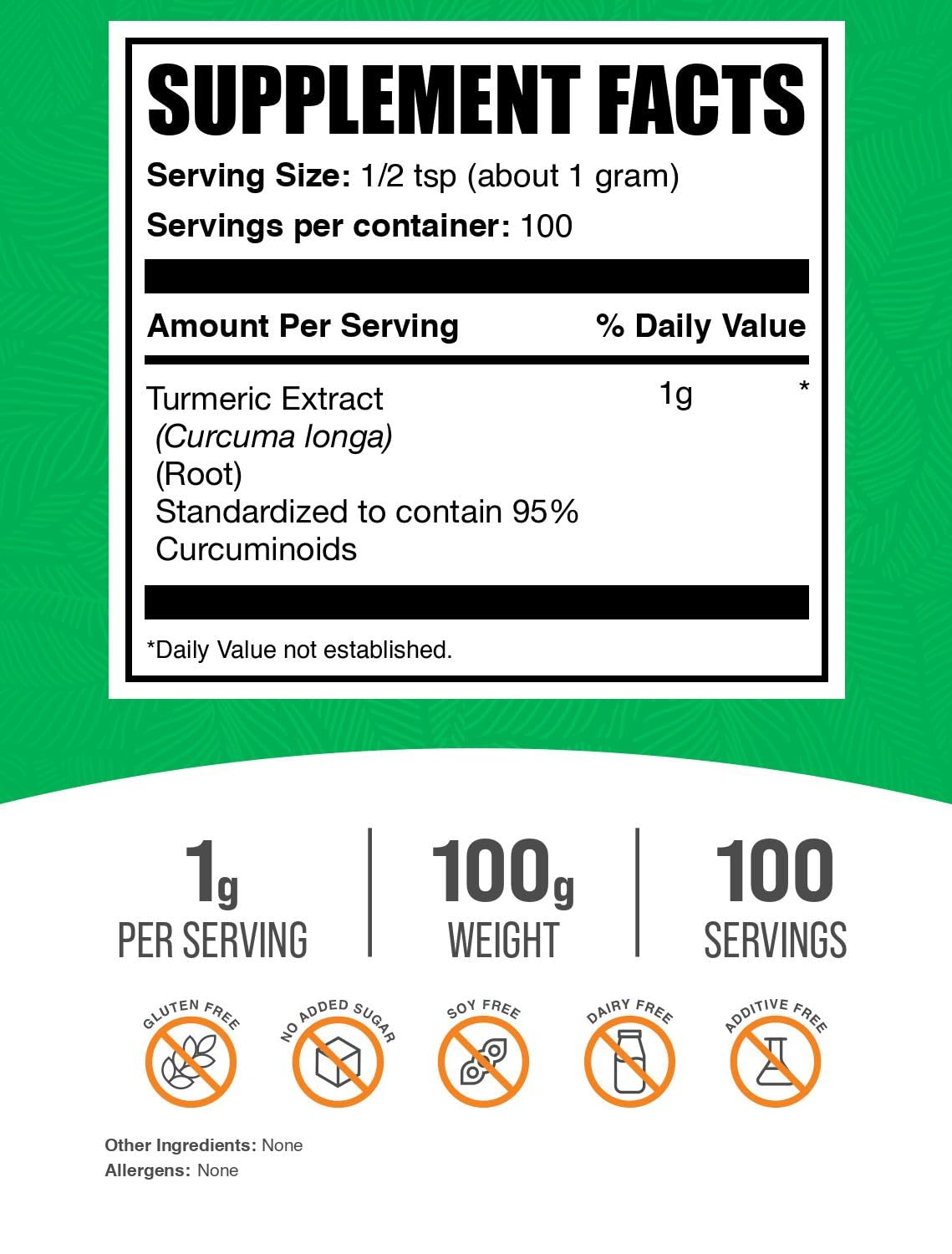 BulkSupplements unflavored natural turmeric curcumin extract powder nutritional supplement facts and serving size label