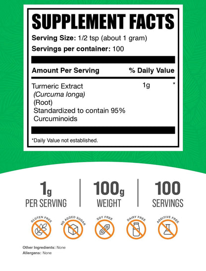 BulkSupplements unflavored natural turmeric curcumin extract powder nutritional supplement facts and serving size label