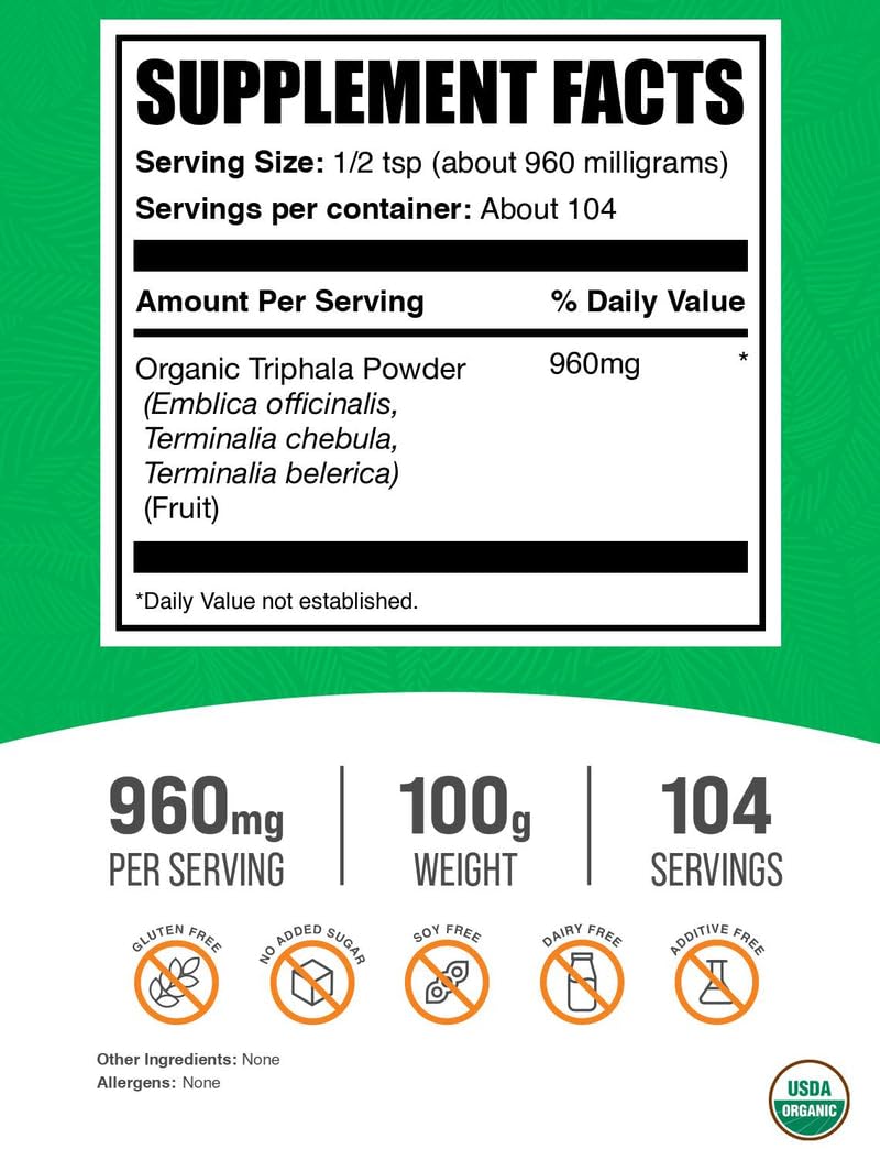 BulkSupplements Triphala herbal supplement nutritional facts label showing 960 milligrams serving size.