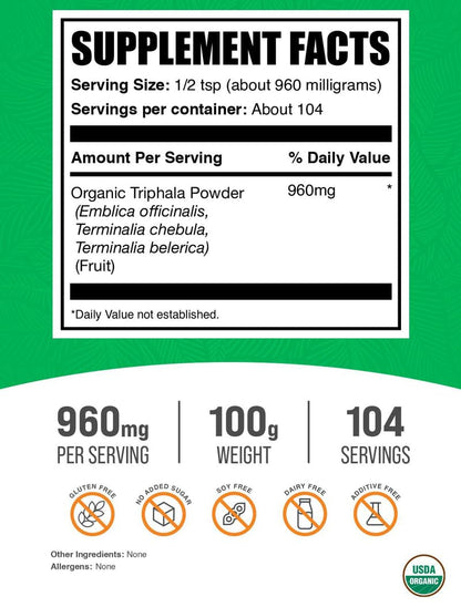 BulkSupplements Triphala herbal supplement nutritional facts label showing 960 milligrams serving size.