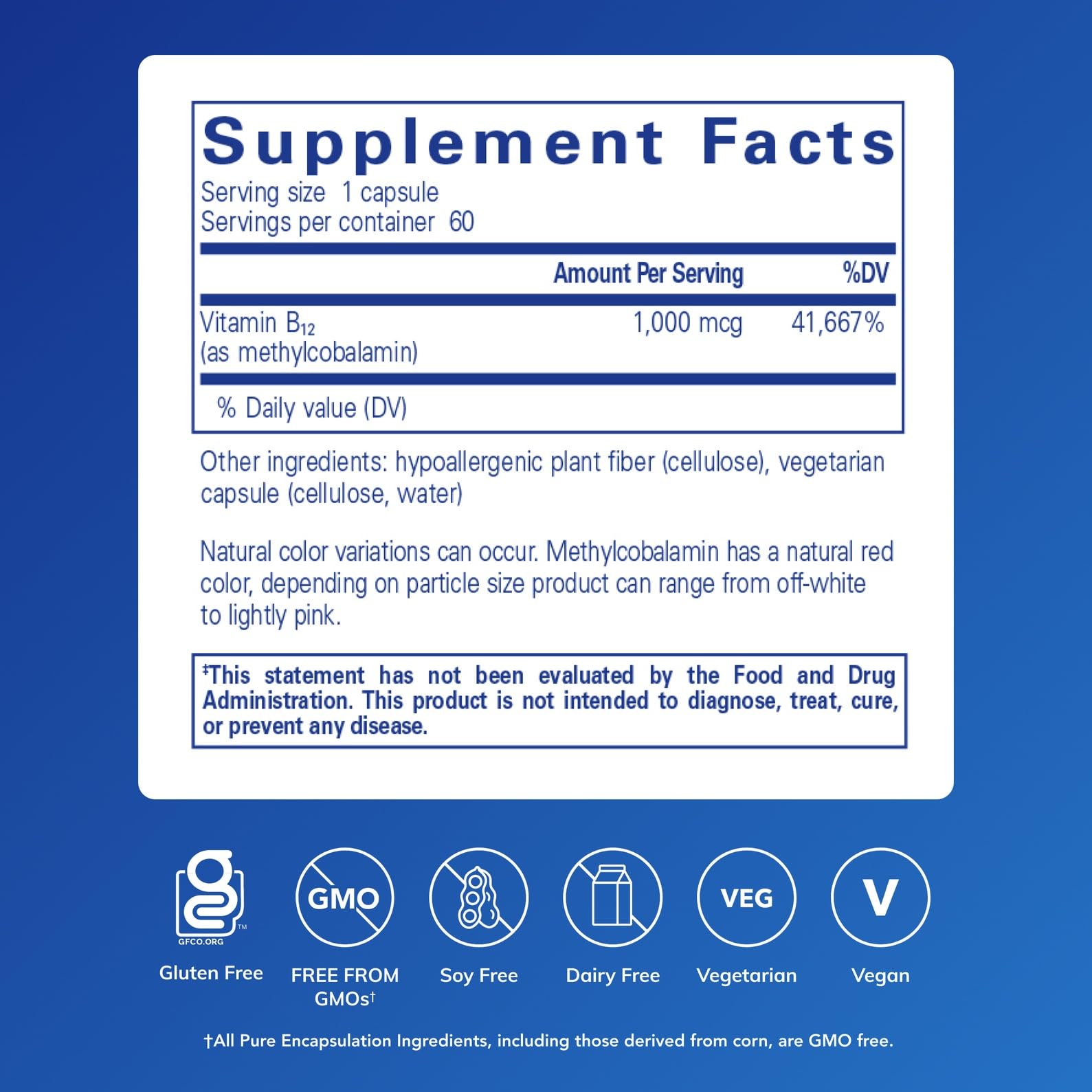 Pure Encapsulations active vitamin B12 60 vegetarian capsules supplement facts panel