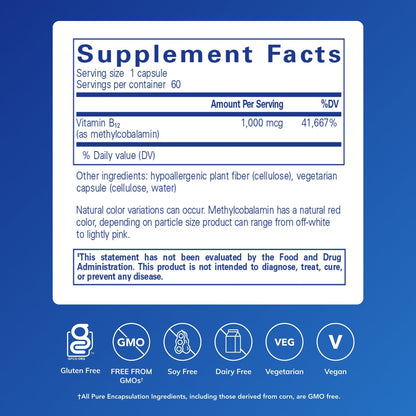 Pure Encapsulations active vitamin B12 60 vegetarian capsules supplement facts panel