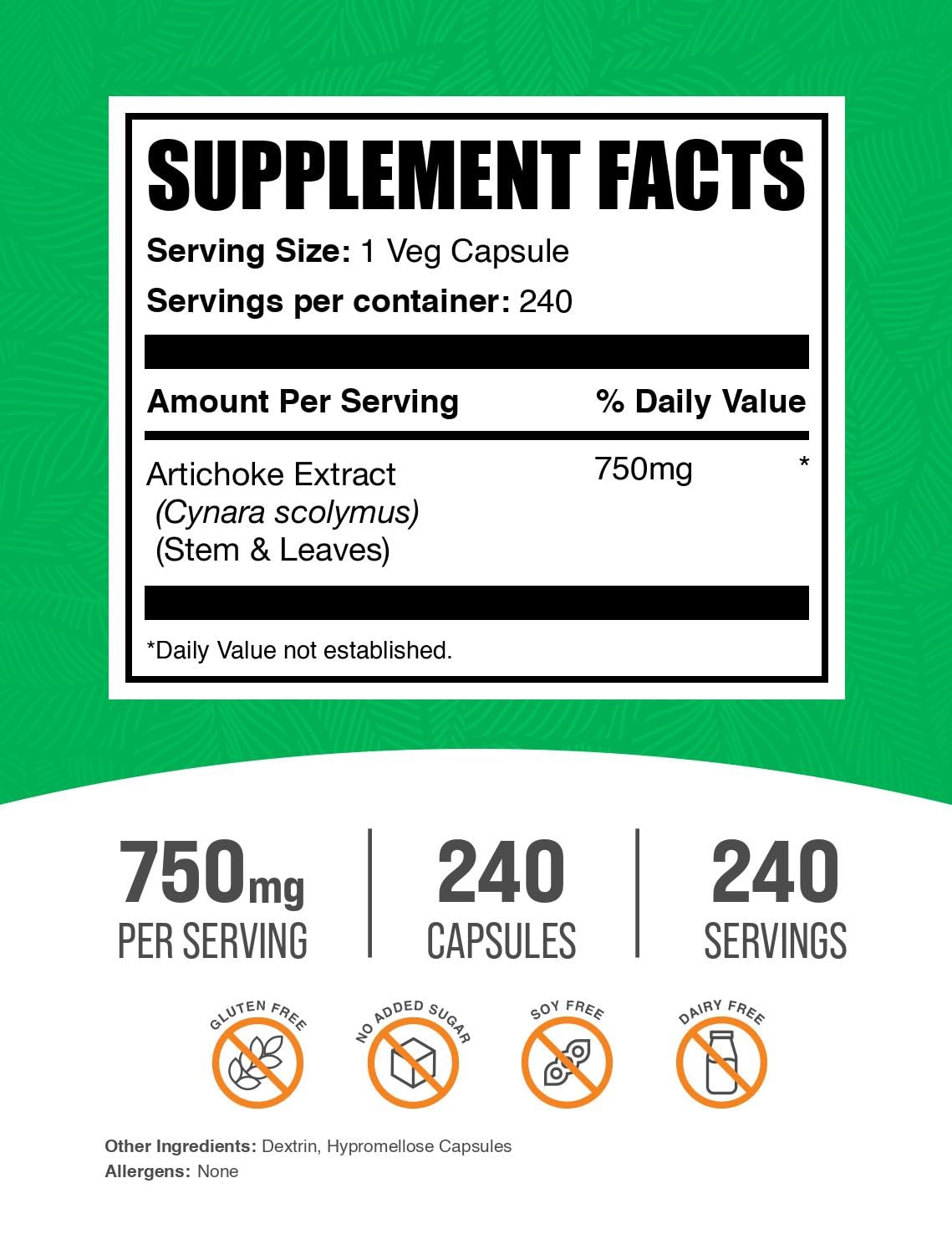 BulkSupplements Artichoke Extract 750mg supplement facts label showing serving size ingredients.