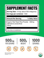 BulkSupplements vegan red yeast rice supplement powder bag showing nutritional facts.