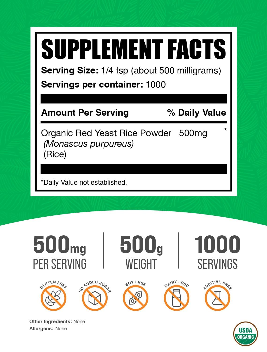 BulkSupplements vegan red yeast rice supplement powder bag showing nutritional facts.