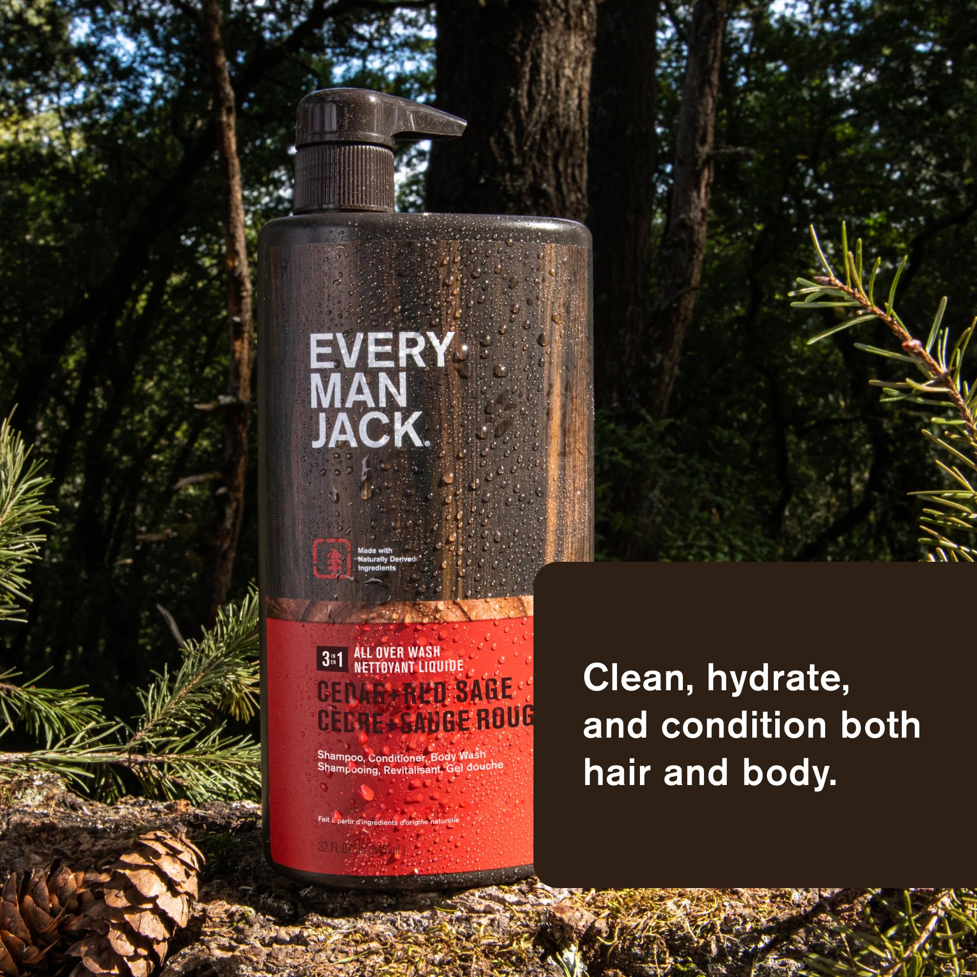 Every Man Jack men shower gel pump dispenser bottle showing authentic naturally derived ingredients
