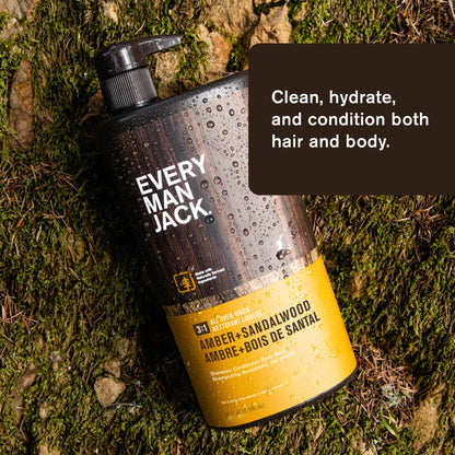 Every Man Jack men's multi purpose body wash and shampoo bottle close up