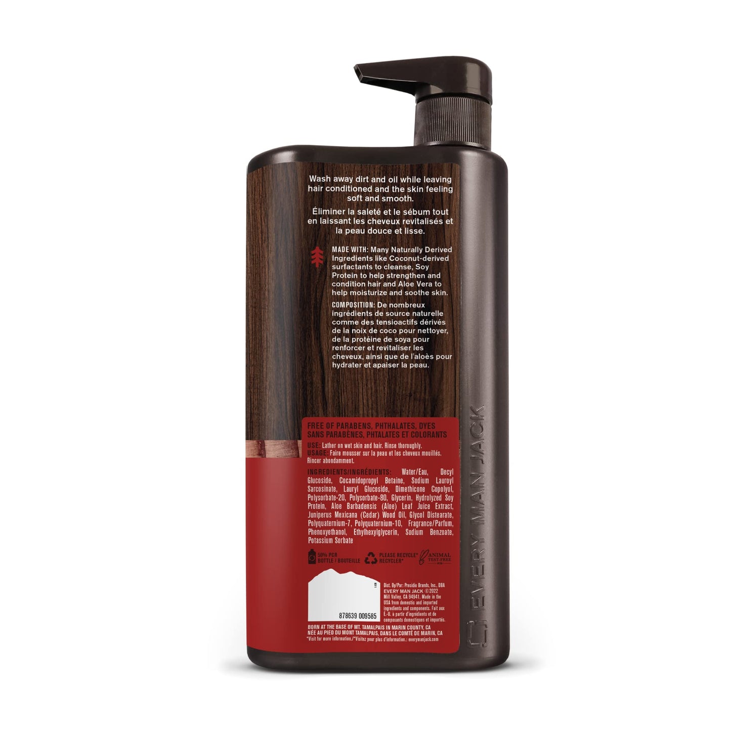 Side view of Every Man Jack men grooming product bottle showcasing the convenient pump top